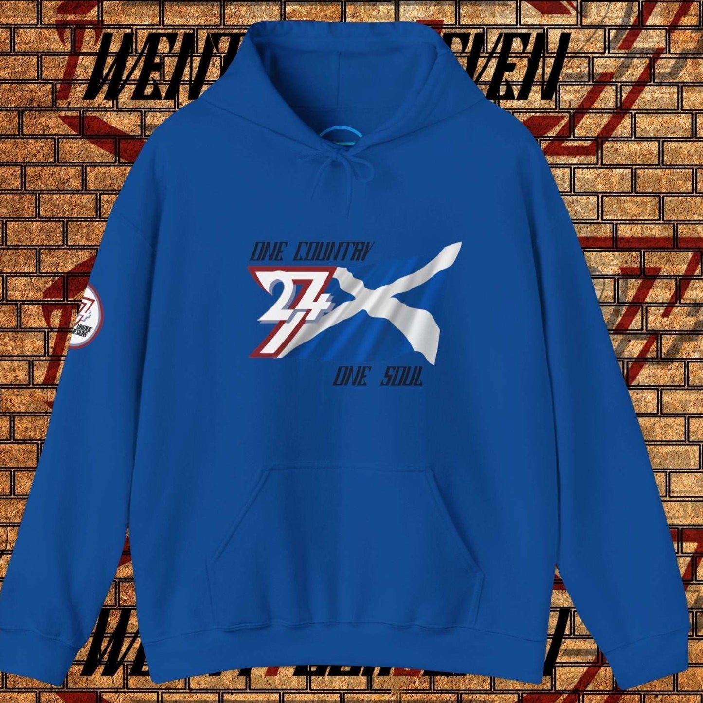 Complete front-on display of the Royal Blue Alba heritage hoodie with the hand-drawn flag.