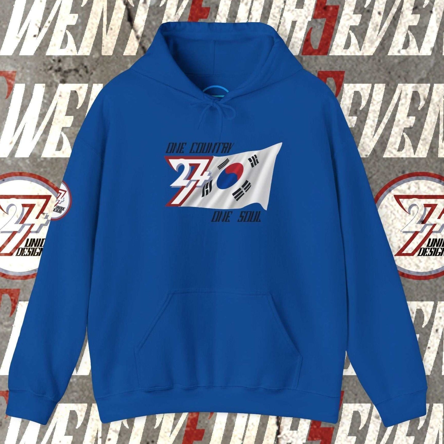 Complete front-on display of the Royal Blue Daehan Minguk heritage hoodie with the hand-drawn flag.