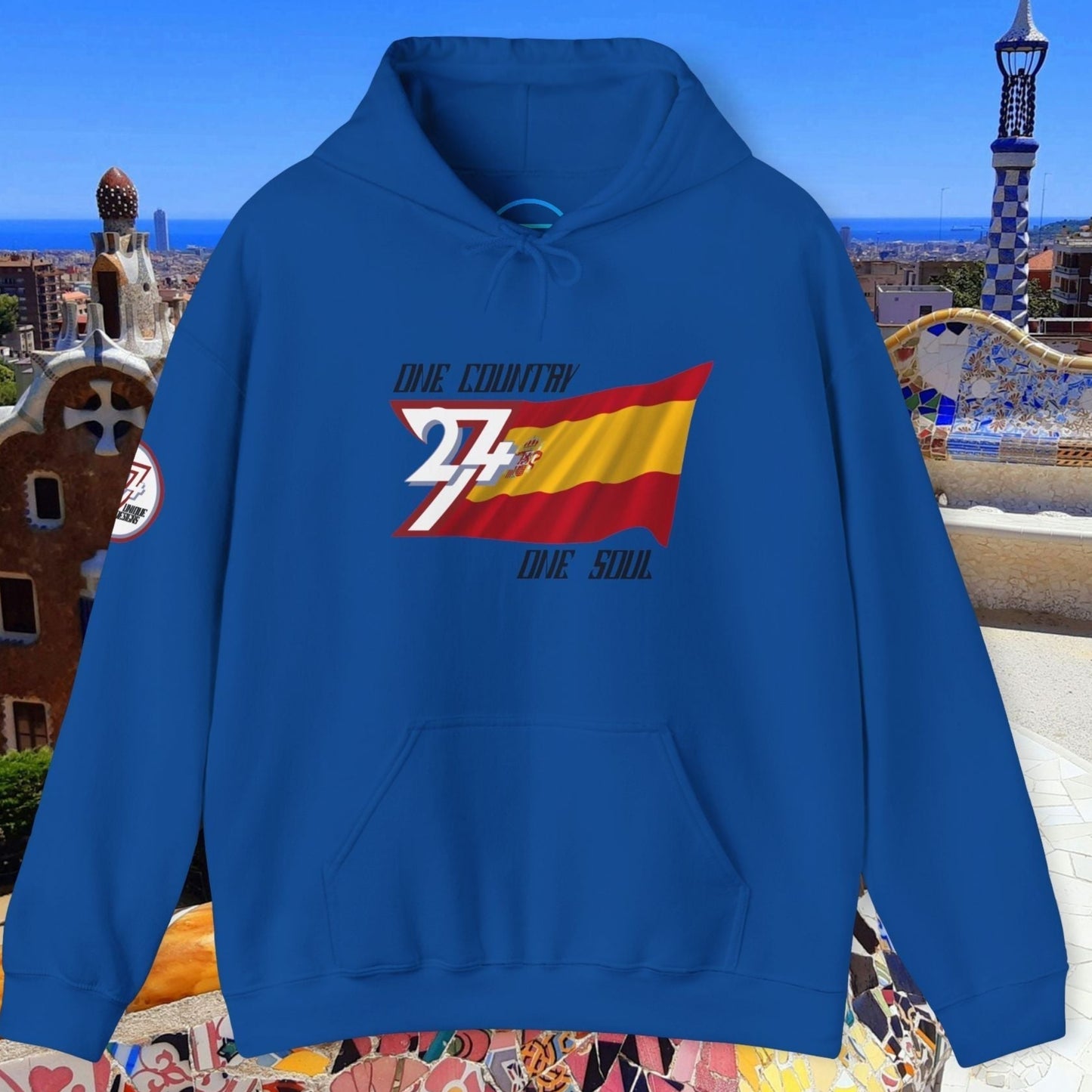 Complete front-on display of the Royal Blue España heritage hoodie with the hand-drawn flag.