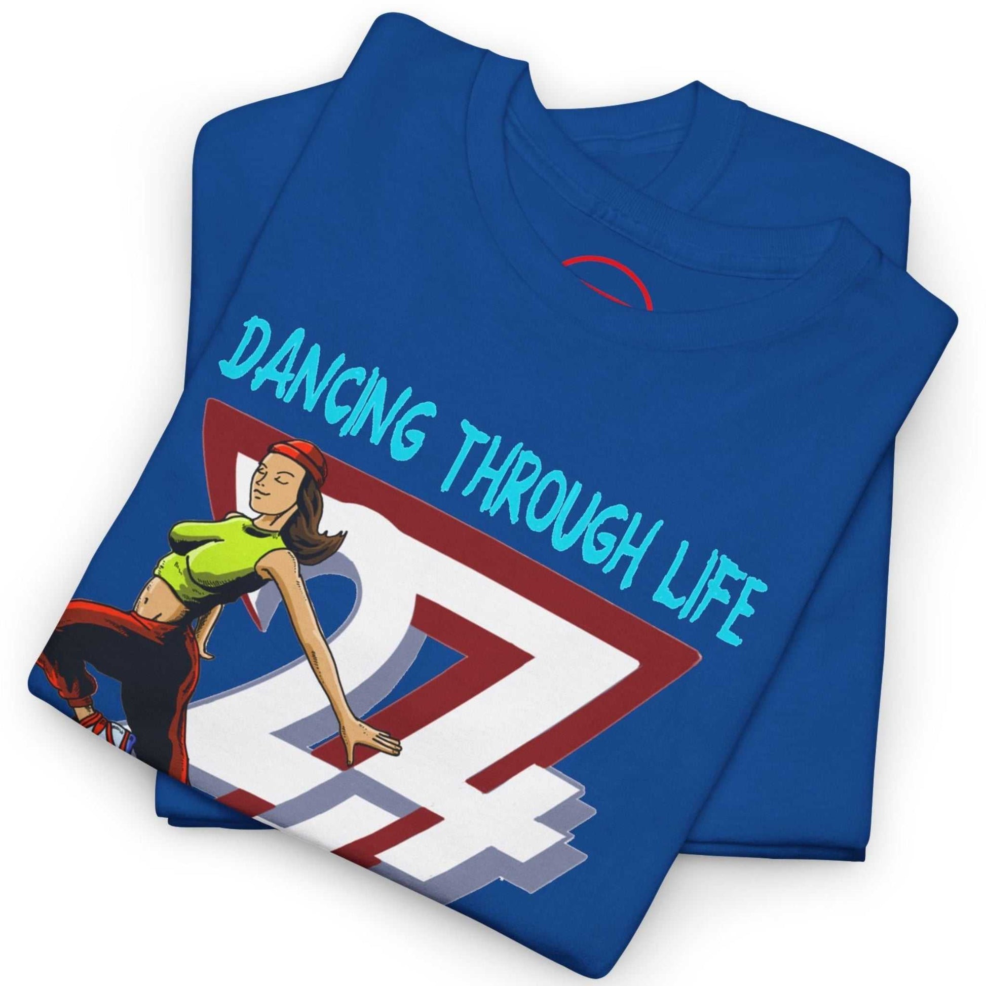 Neatly folded royal blue street dance t-shirt highlighting the crisp comic-style front print and premium fabric, laid flat.