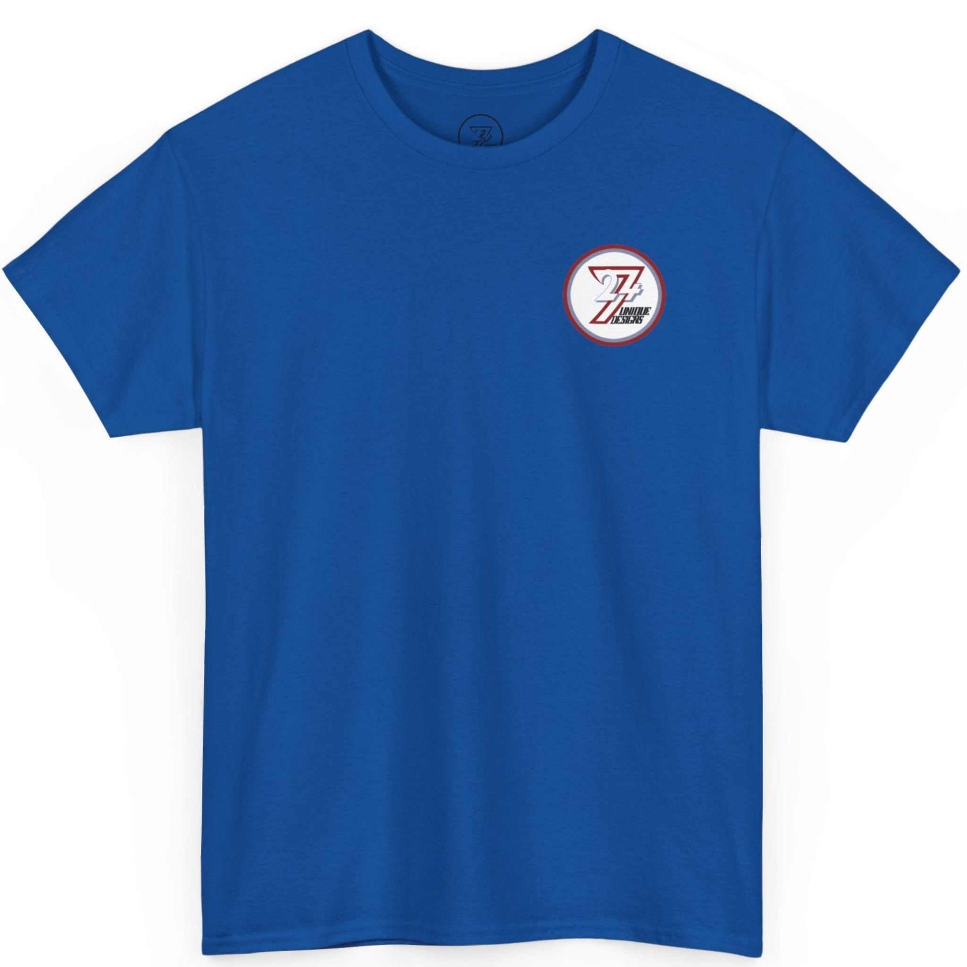 Front view of a vivid royal blue superhero fan gift tee showcasing the minimalist 24/7 emblem.