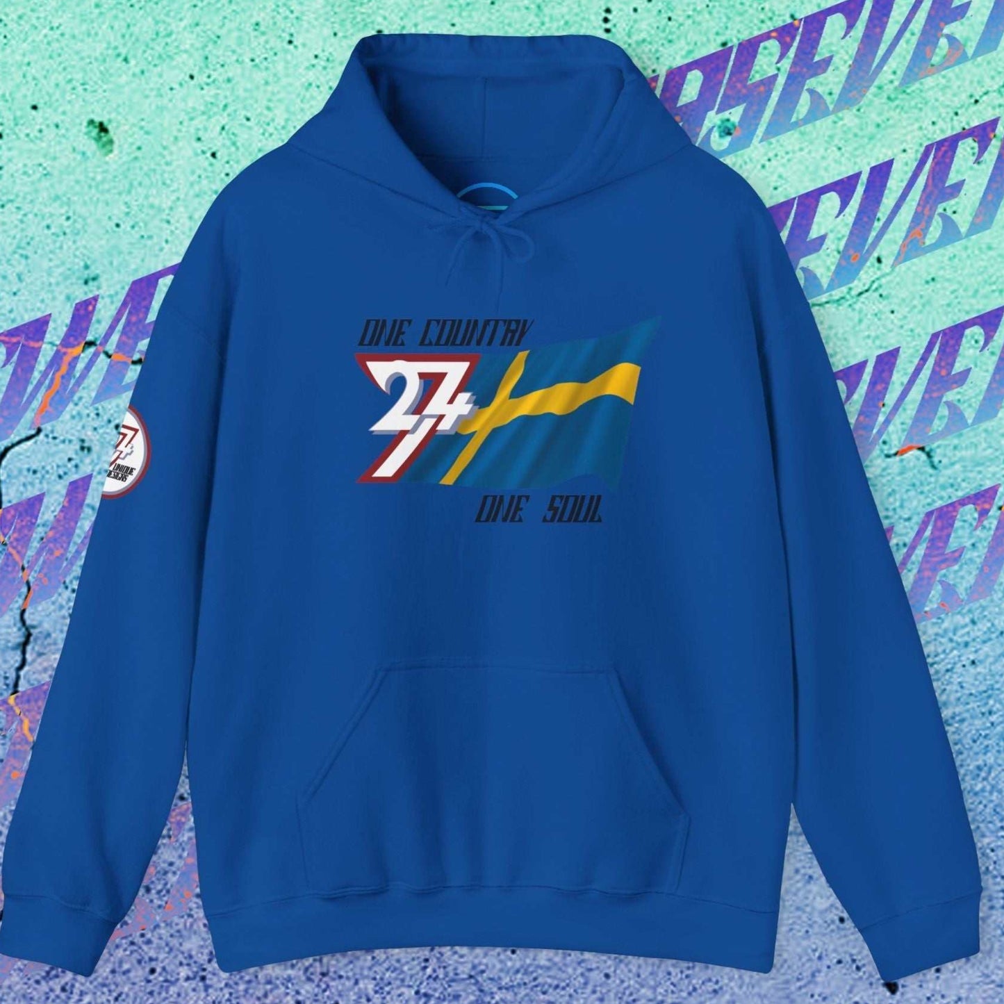 Complete front-on display of the Royal Blue Sverige heritage hoodie with the hand-drawn flag.