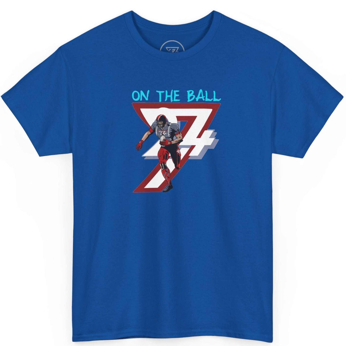 Front view of a vibrant royal blue tailgate apparel tee showcasing the detailed DTG artwork, displayed on a clean background.