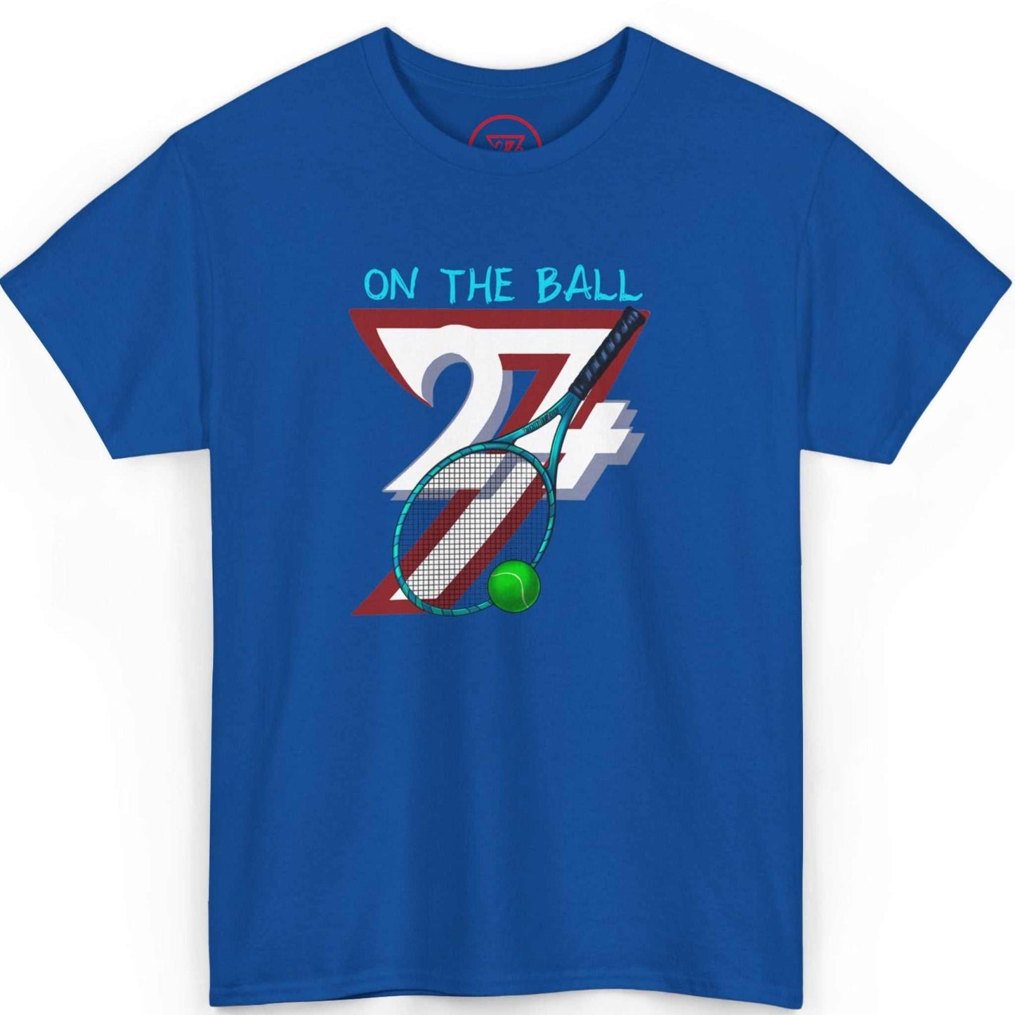 Front view of a royal blue tennis player gift tee highlighting the 90s style hand-drawn art, shown on a clean background.
