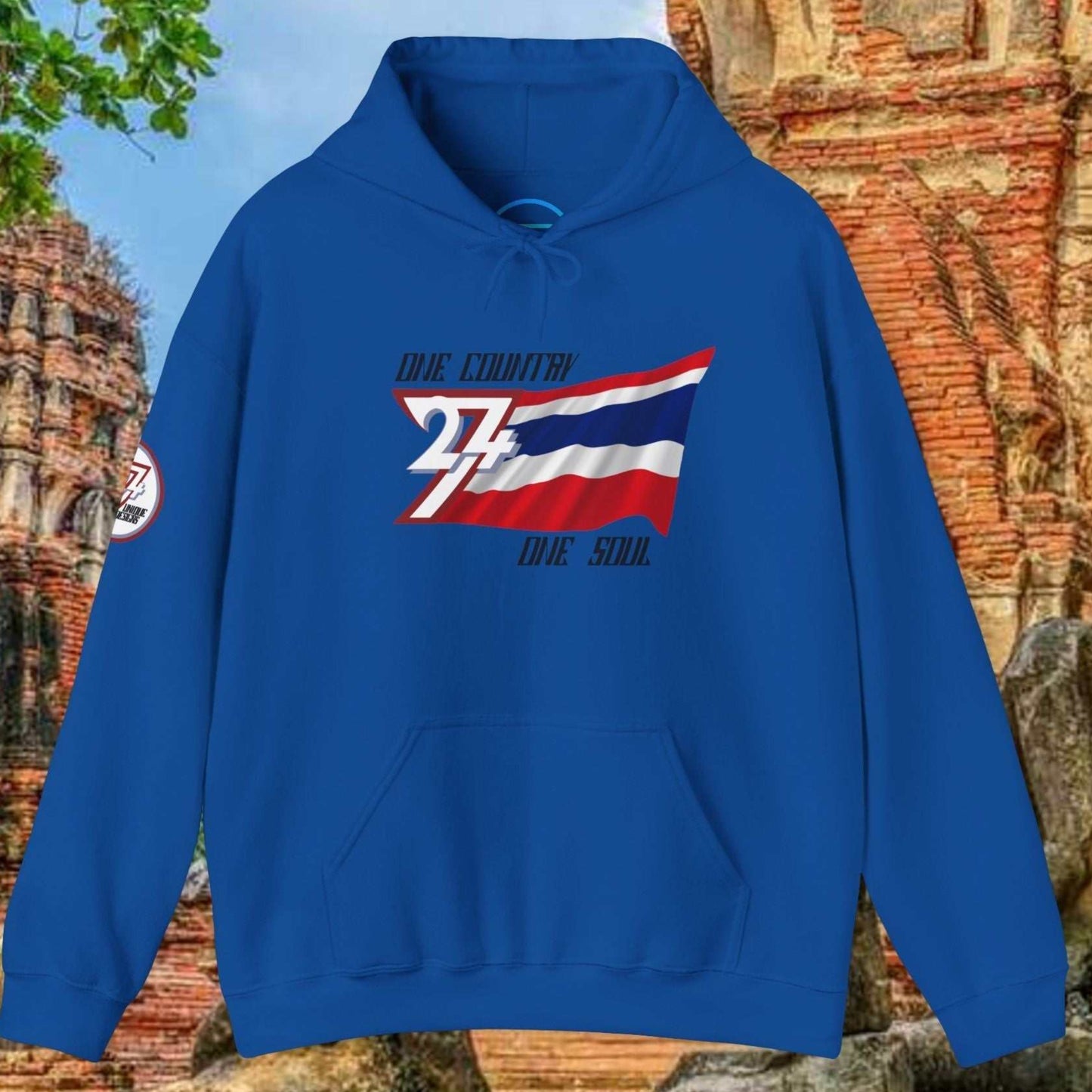 Complete front-on display of the Royal Blue Thailand heritage hoodie with the hand-drawn flag.