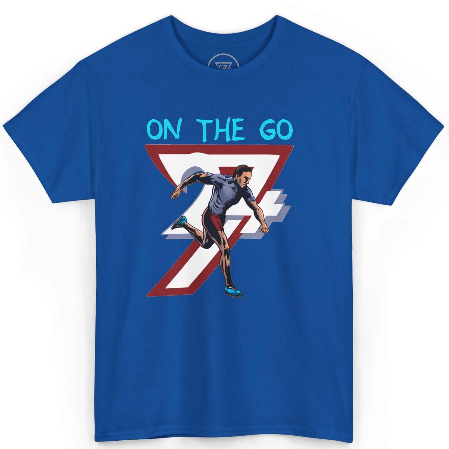 Front view of a royal blue track and field clothing tee showcasing the dynamic hand-drawn runner graphic, laid flat on a clean background.