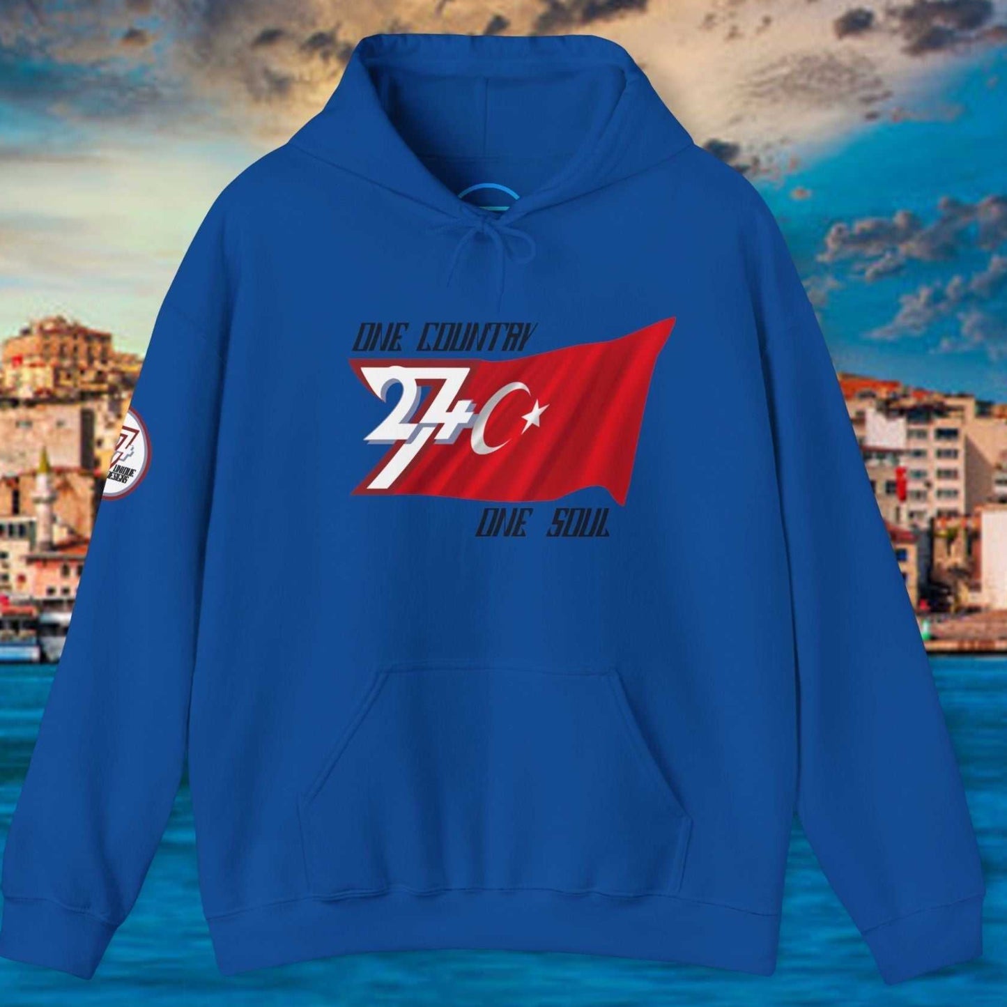 Complete front-on display of the Royal Blue Türkiye heritage hoodie with the hand-drawn flag.