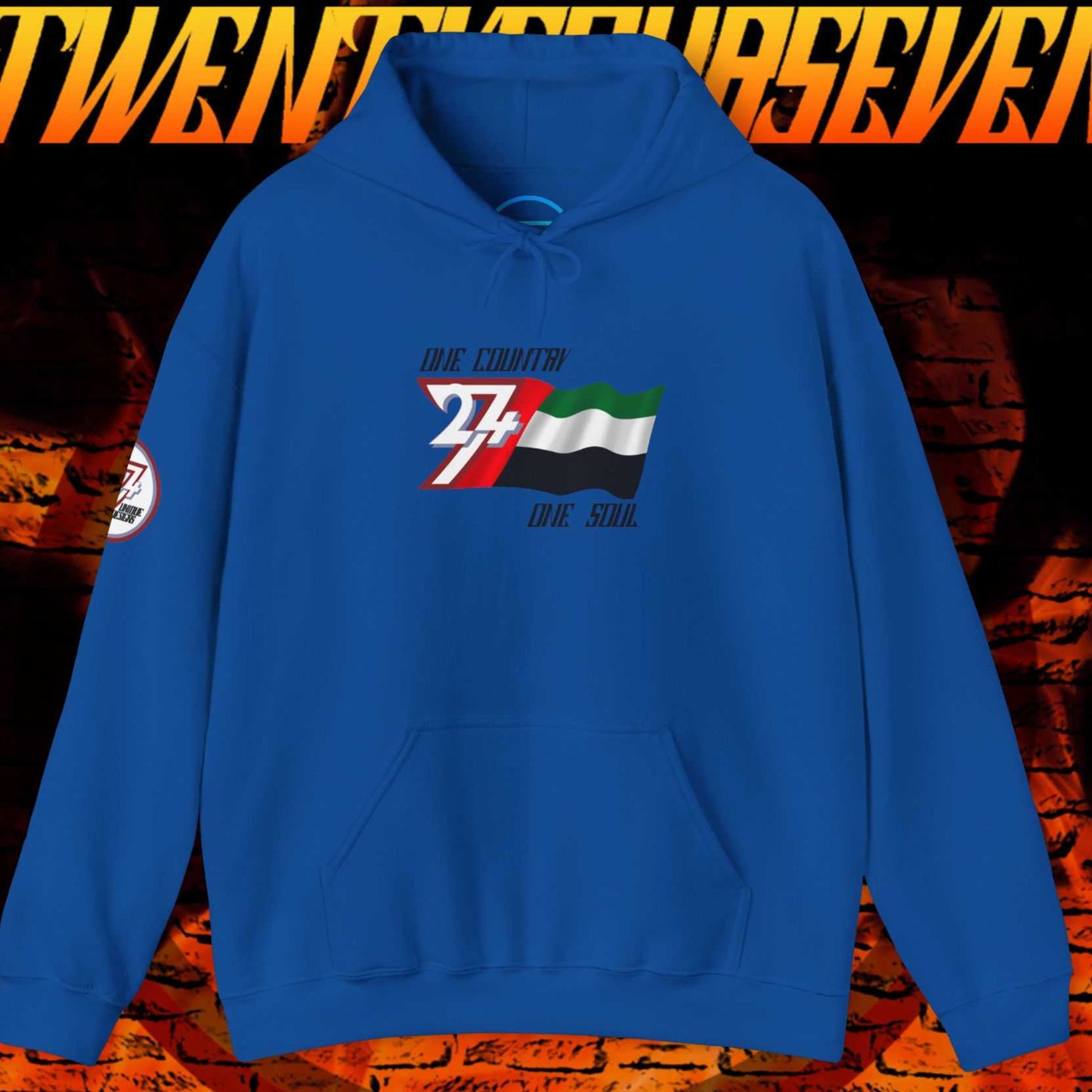 Complete front-on display of the Royal Blue UAE heritage hoodie with the hand-drawn flag.