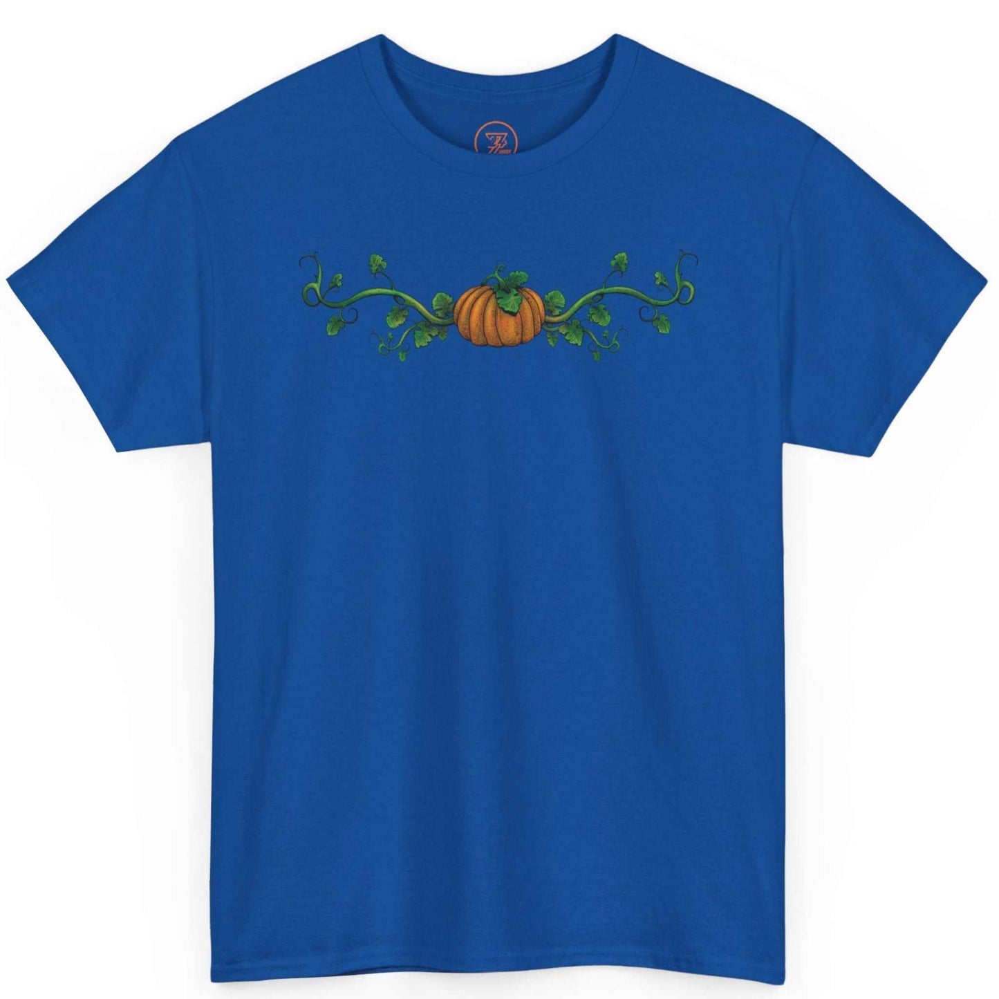 Bright royal blue unique standout top featuring the zero-AI human made fall design.