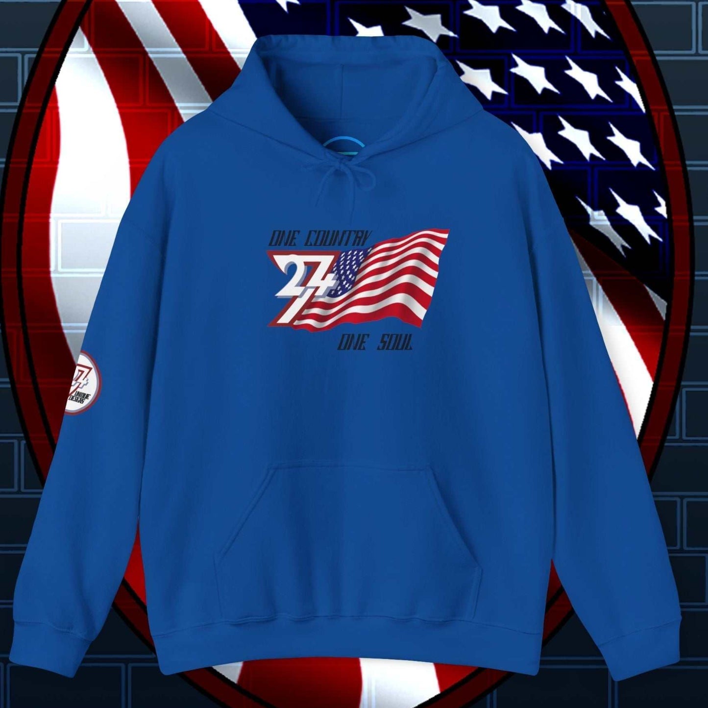 Complete front-on display of the Royal Blue USA heritage hoodie with the hand-drawn flag.