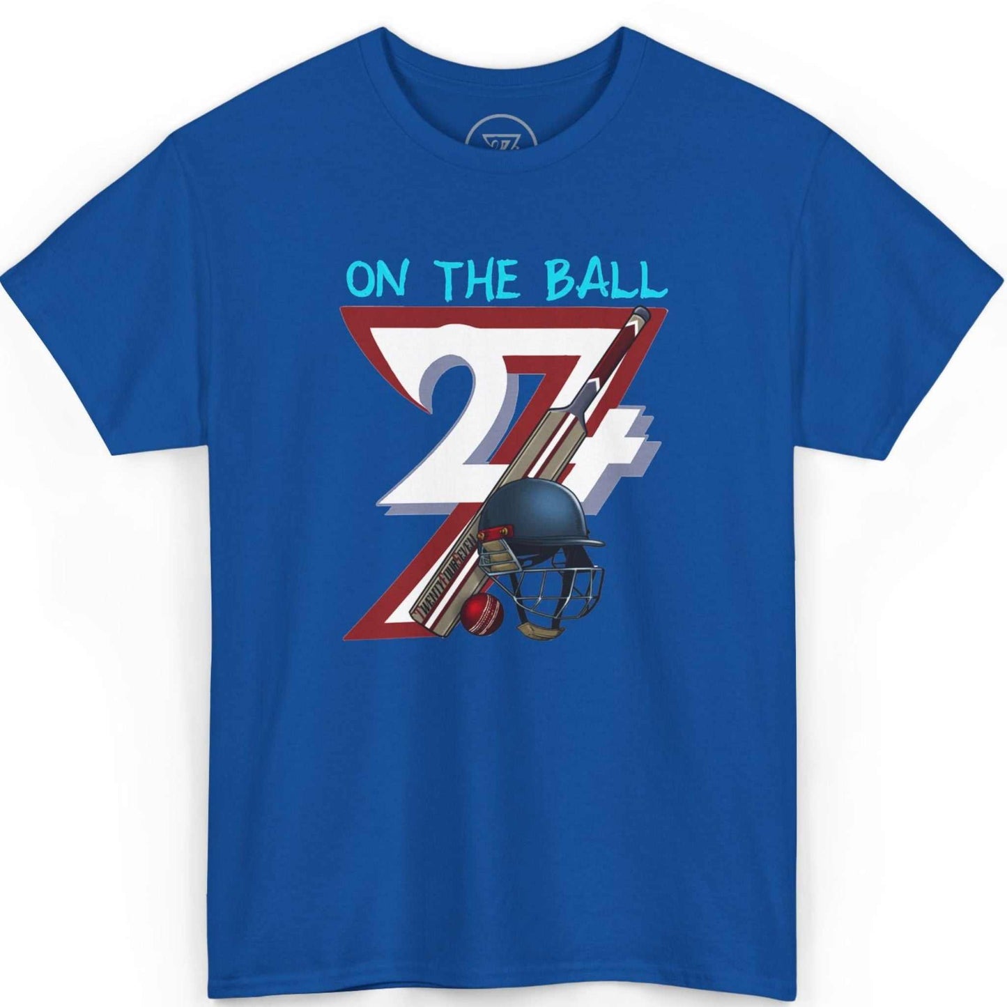 Front view of a vibrant royal blue vintage cricket graphic tee highlighting the digital sports art, displayed on a clean background.