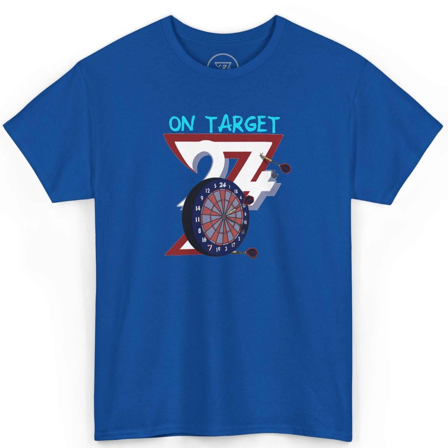Front view of a vibrant royal blue vintage darts graphic tee featuring the original sketch art, displayed on a clean background.