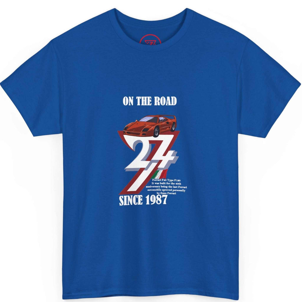 Front view of a bright royal blue vintage Italian sports car shirt featuring the full-color F40 illustration and white text, laid flat.
