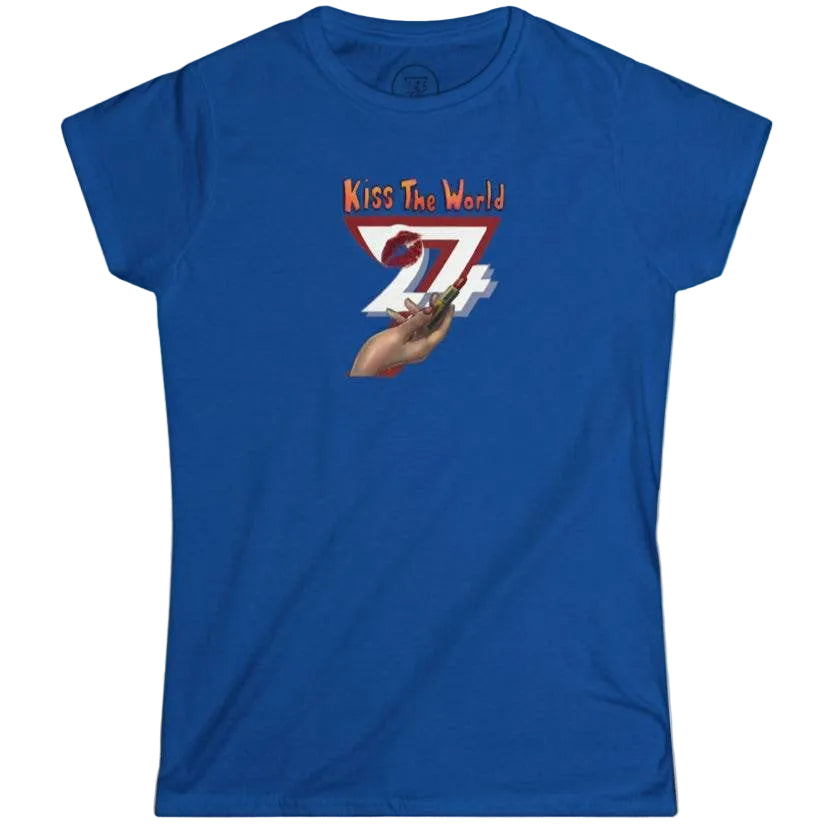 Bright royal blue premium women's casual shirt with the creative Kiss The World text and 24/7 shield.