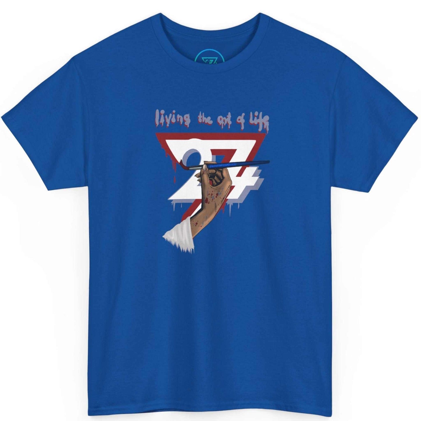 Vivid royal blue women's painter graphic tee displaying the artist aesthetic design, shown on a clean background.