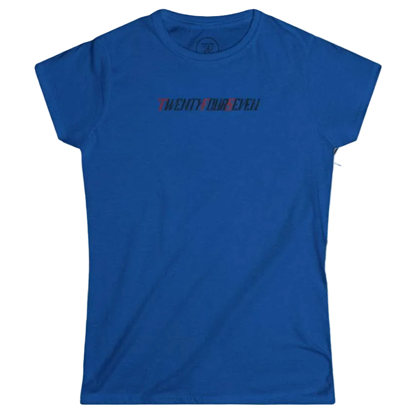 Bright royal blue classic fit women's top featuring the unique stylized TwentyFourSeven company logo.