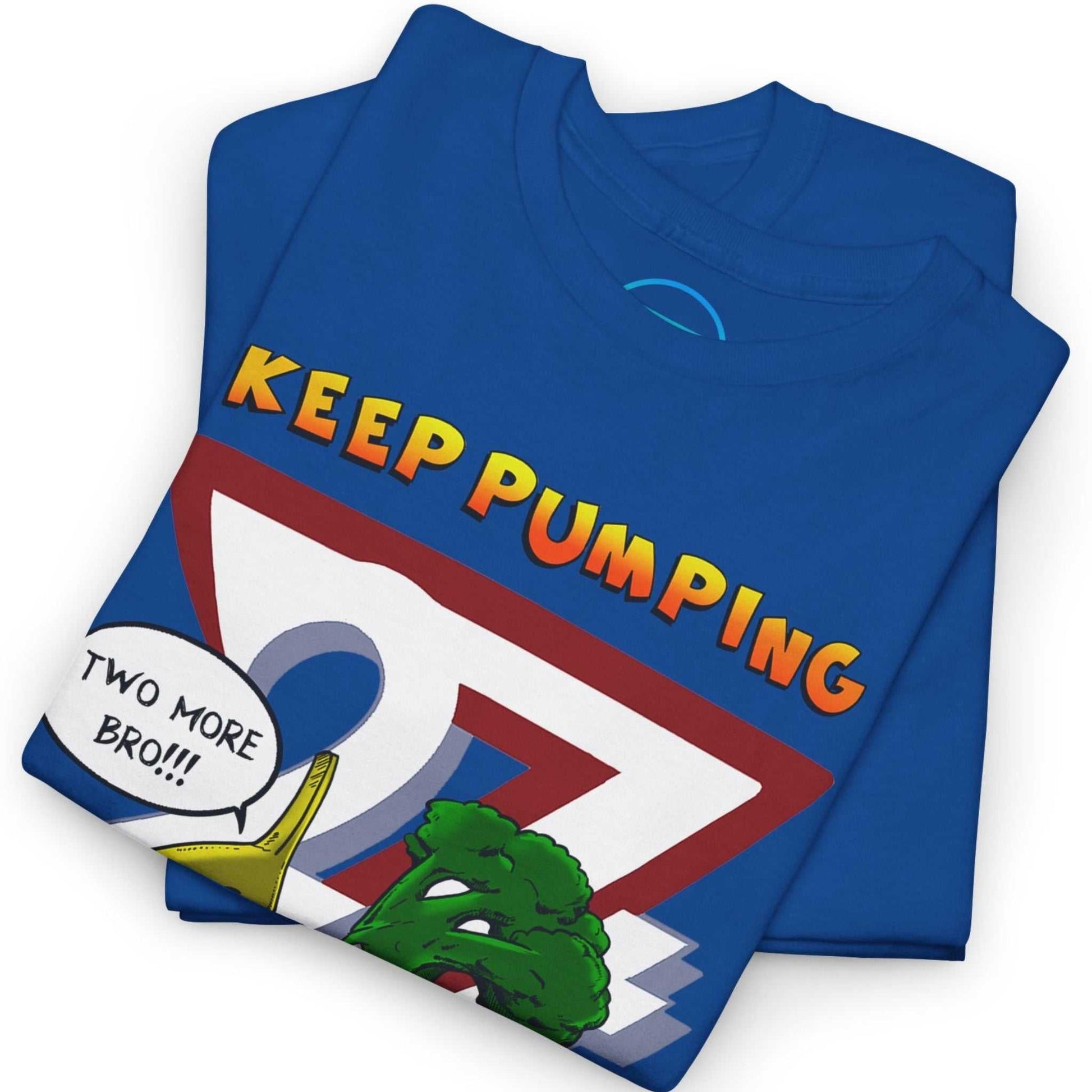 Neatly folded royal blue cartoon fitness tee showing the crisp front illustration and premium cotton fabric, laid flat.