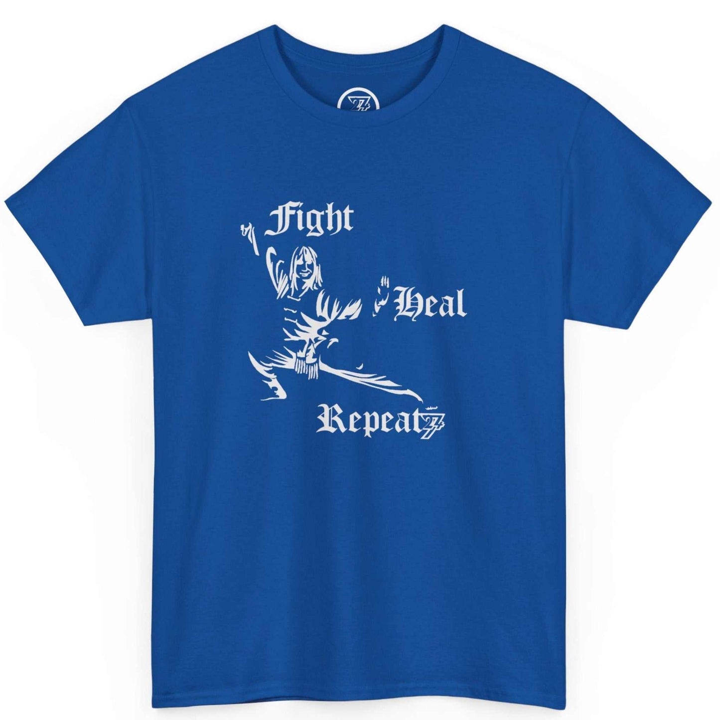 Front view of a bold royal blue combat sports tee displaying the legendary action cinema illustration, laid flat.
