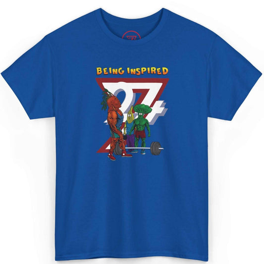 Front view of a vibrant royal blue funny carrot gym tee featuring the hand-drawn Being Inspired comic graphic, displayed on a clean background.