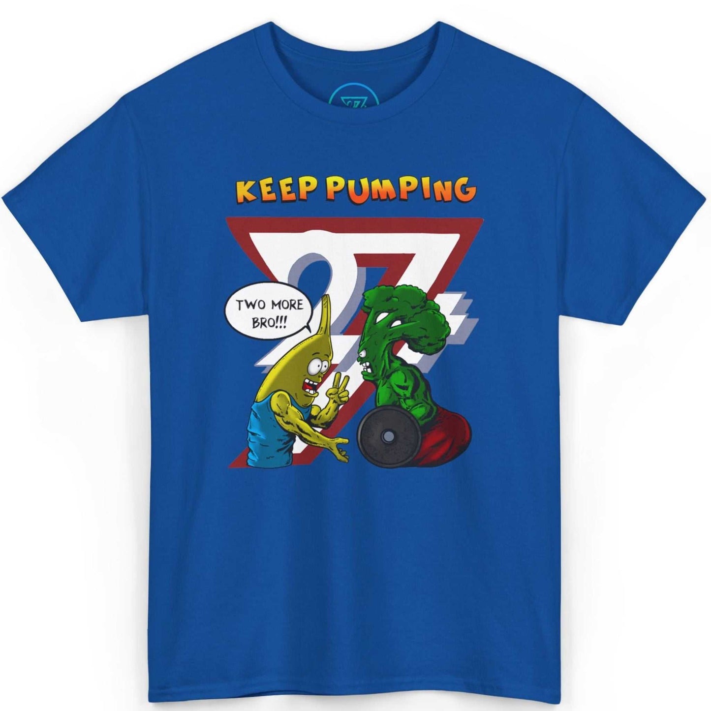 Front view of a vibrant royal blue funny gym buddy workout shirt featuring the hand-drawn Bro Colin and Banana Bundy cartoon, displayed on a clean background.