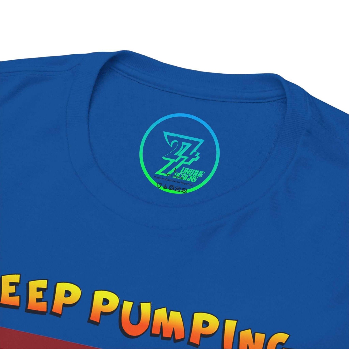Close-up of the seamless crew neckline on the royal blue funny lifting shirt, highlighting the neat construction and inner label.