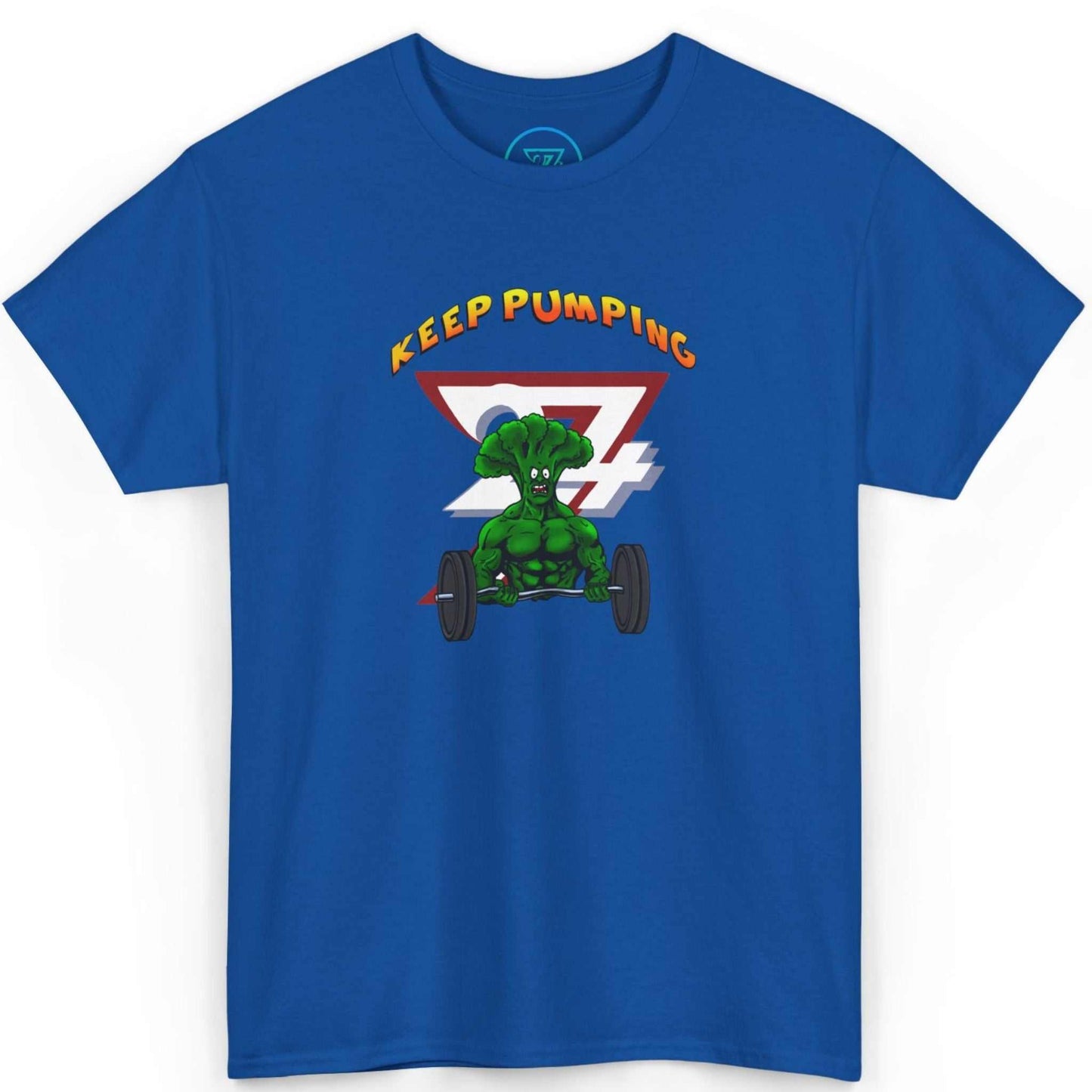 Front view of a vibrant royal blue funny workout shirt highlighting the goofy vegetable weightlifting illustration.