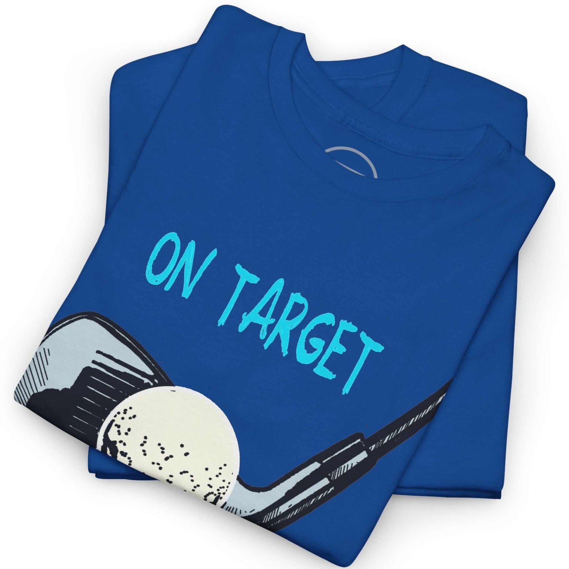 Neatly folded royal blue golf fan gift shirt highlighting the crisp DTG front print and durable fabric, laid flat.