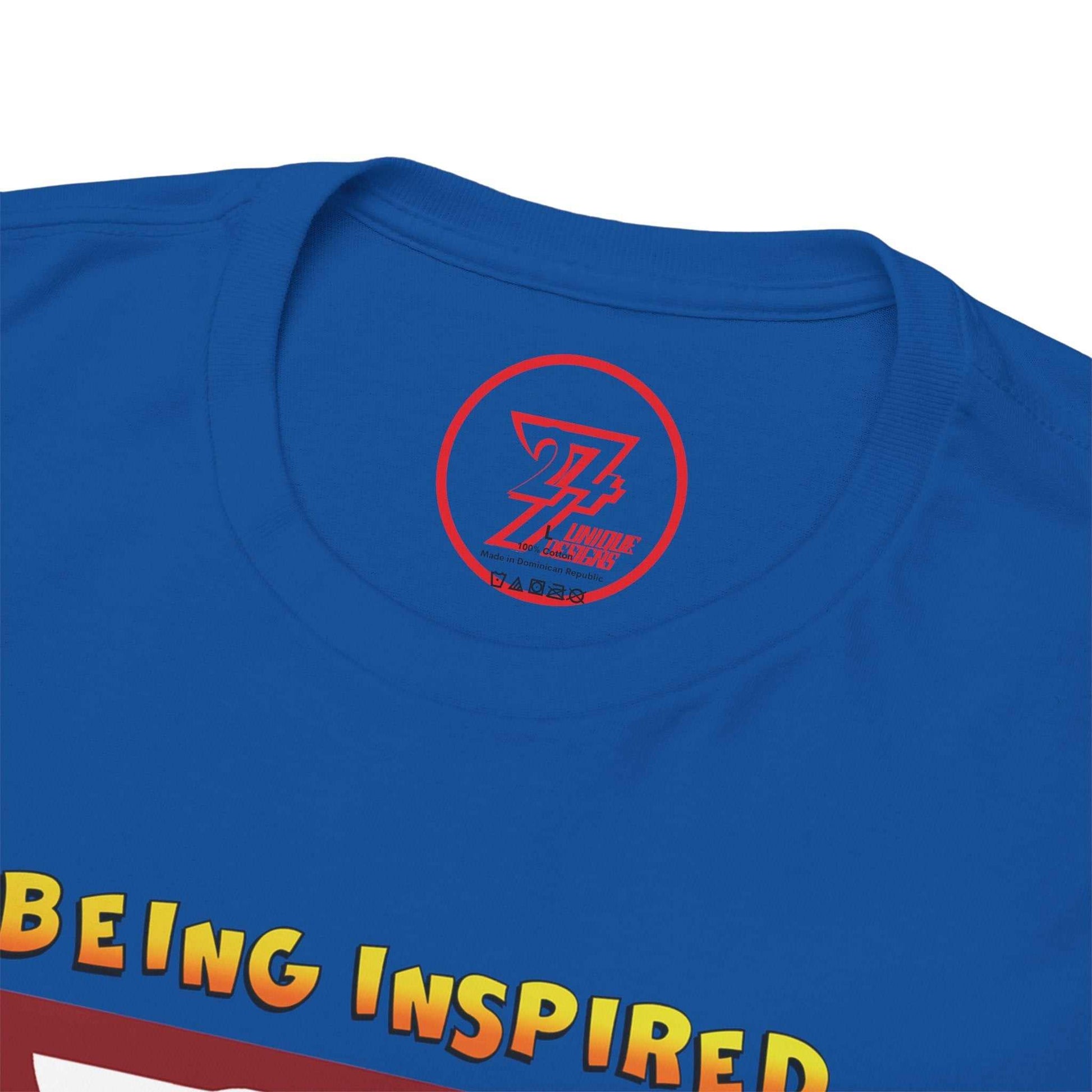 Close-up of the seamless crew neckline on the royal blue gym buddy tee, highlighting the neat construction and inner label.