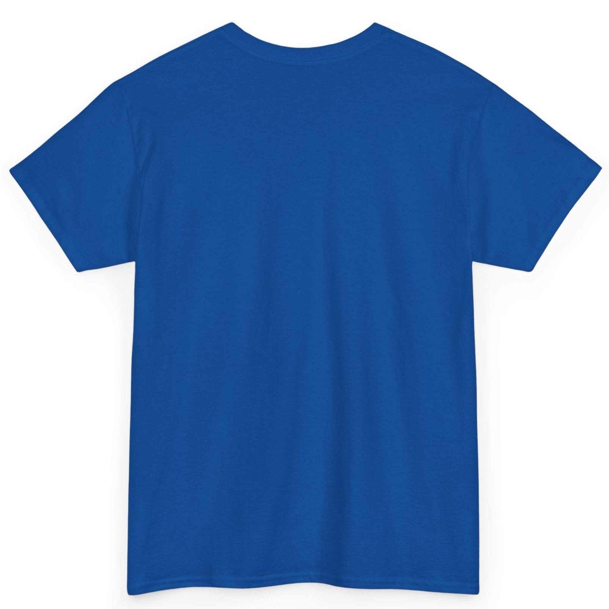 Back view of the royal blue heavyweight cotton golfer shirt, showing the clean, unprinted tubular back canvas.