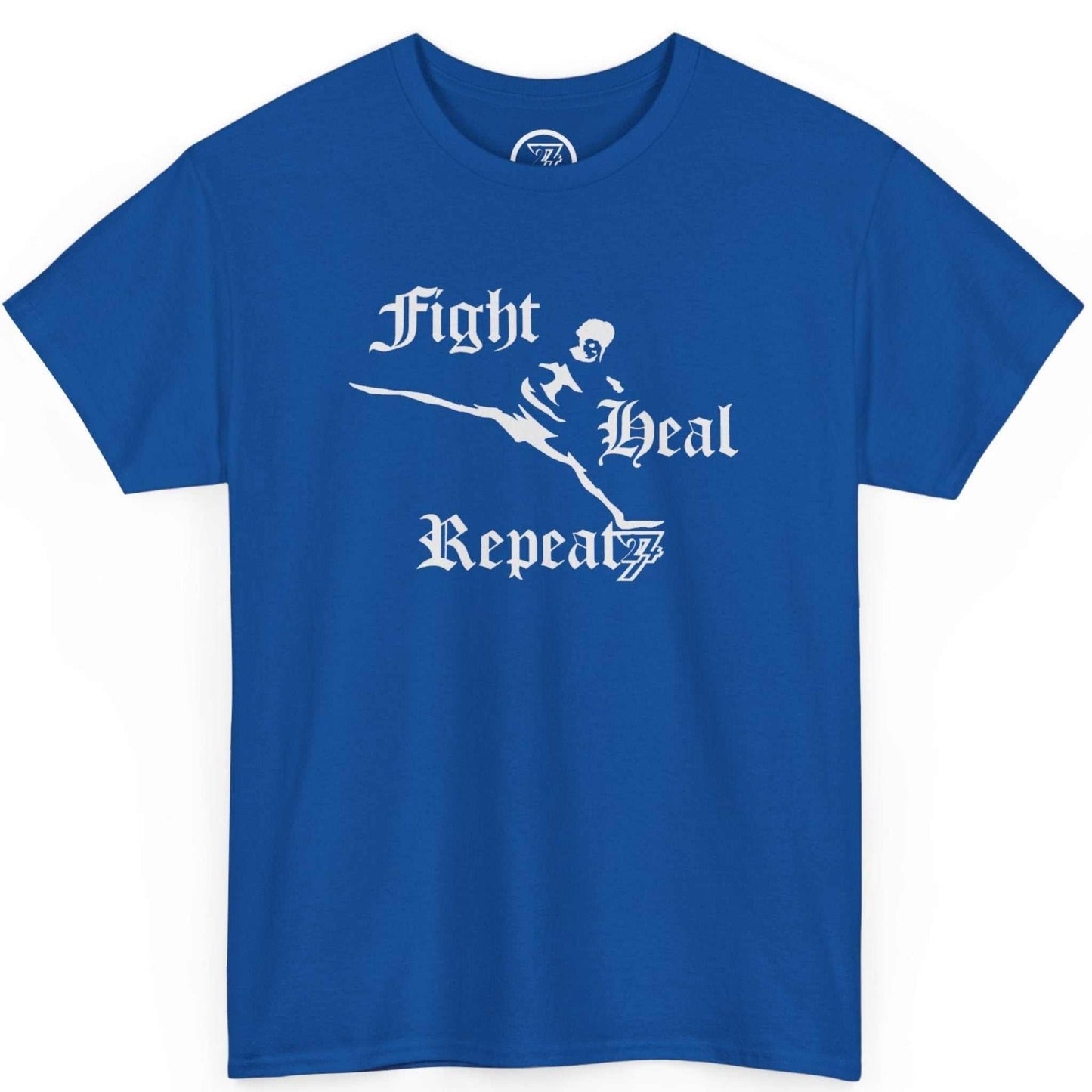 Front view of a vibrant royal blue kickboxing t-shirt displaying the hand-drawn combat illustration, laid flat.