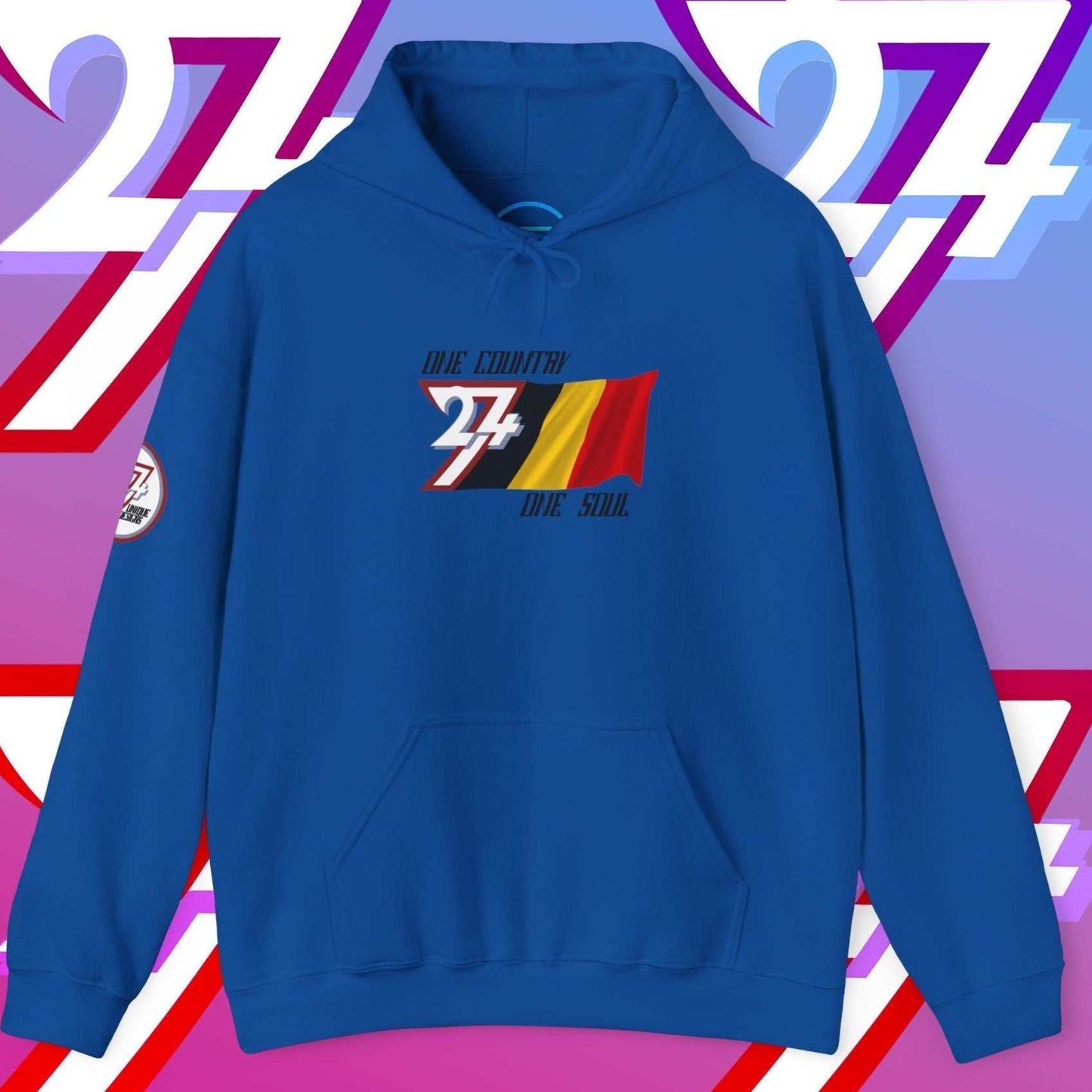 Royal Blue Belgium hoodie featuring a modern, hand-drawn take on the national colors.