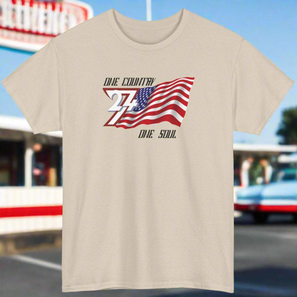 Beige USA Graphic Tee with hand-drawn American flag and "One Country One Soul" slogan patriotic design
