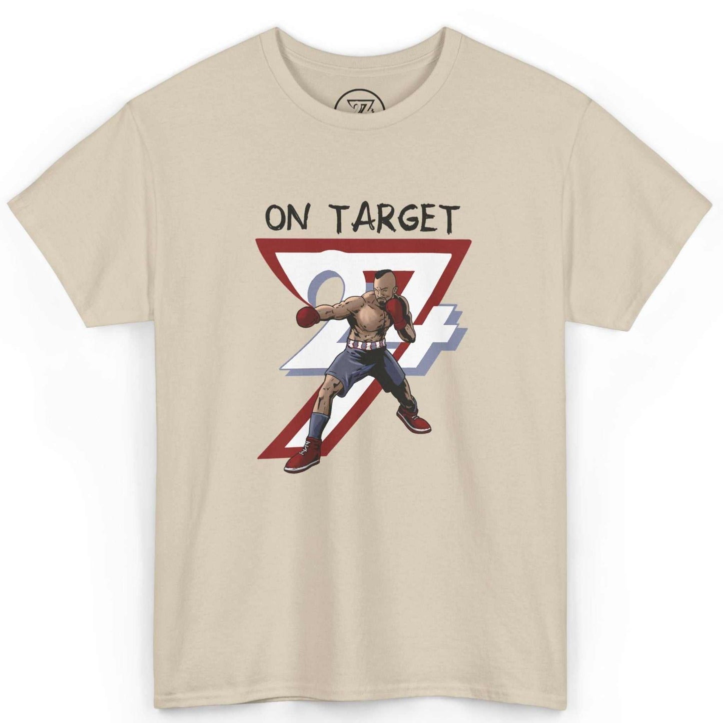 Front view of a sand-colored comic style boxing shirt highlighting the energetic sketchy linework, displayed on a clean background.