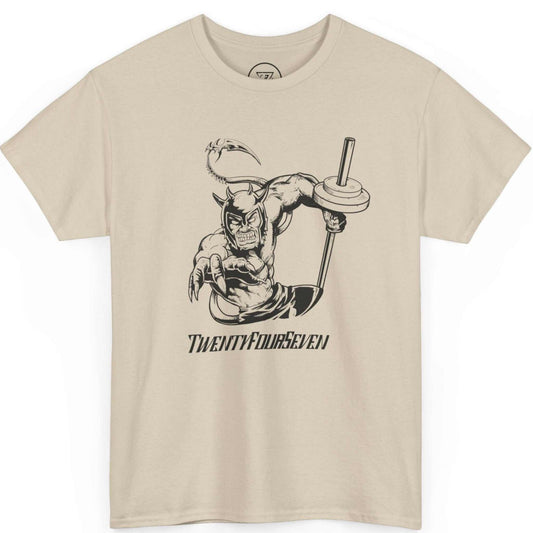 Front view of a sand beige comic style gym tee showcasing the dynamic graphic novel front design, laid flat.