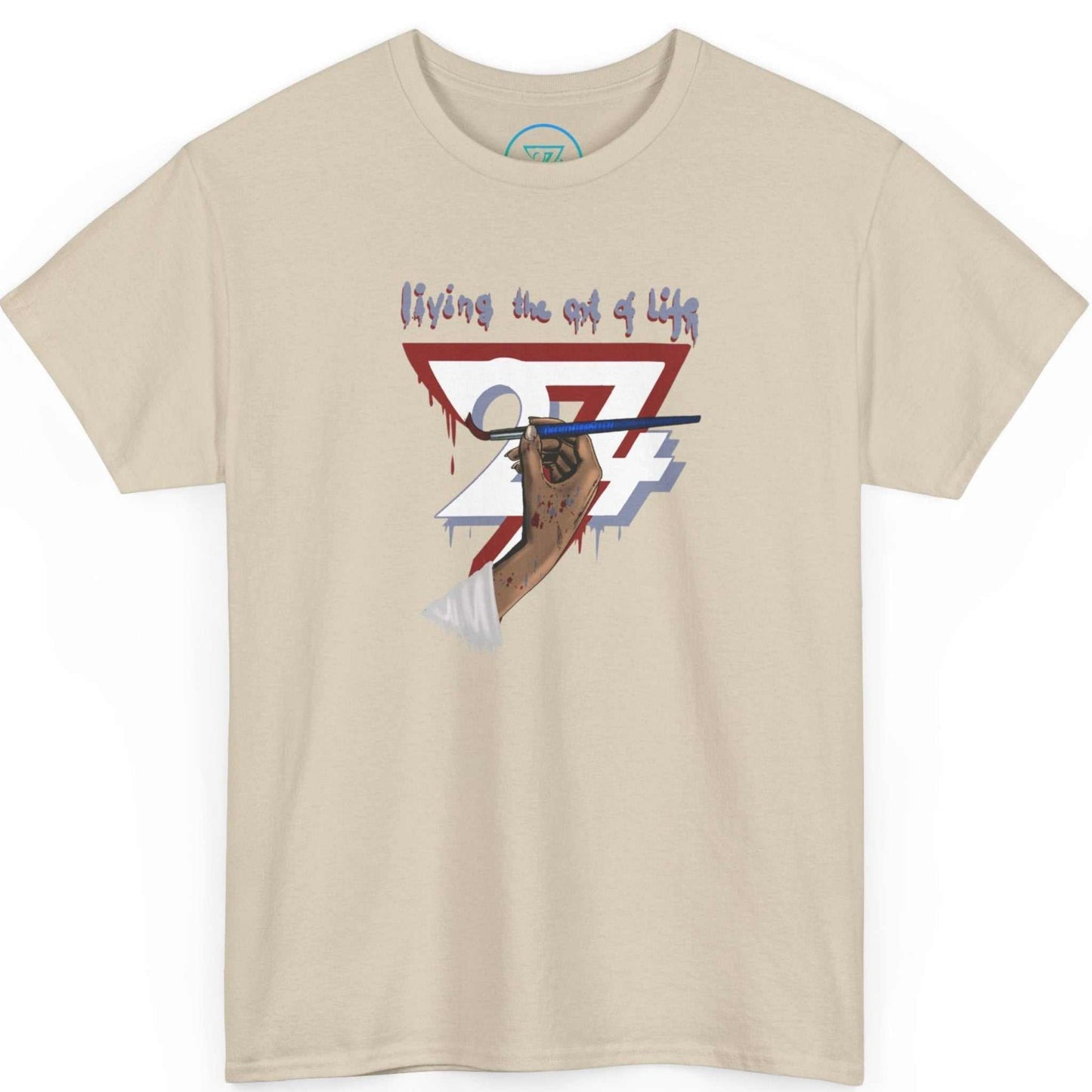 Sand beige creative streetwear for women displaying the inspirational art design, shown on a clean background.
