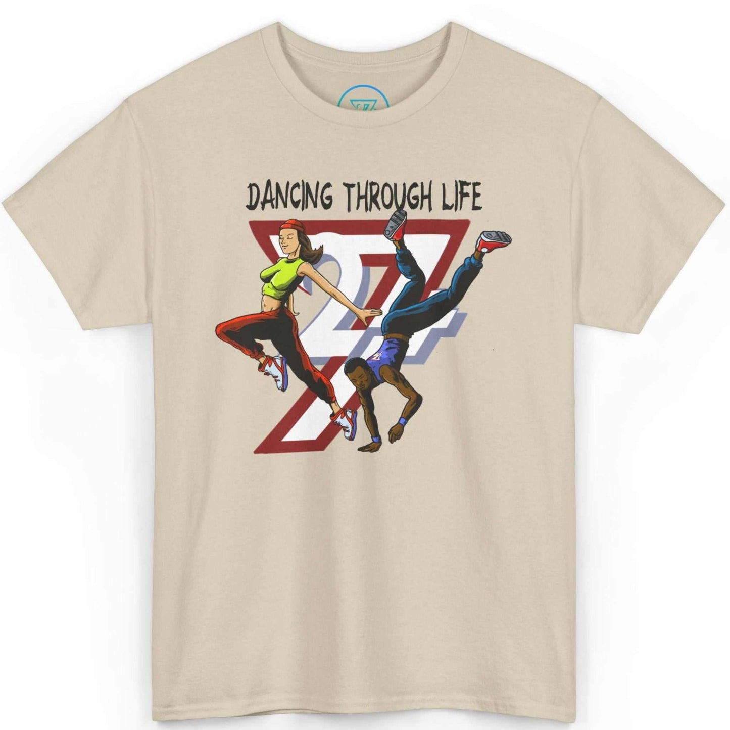 Front view of a sand-colored cypher session apparel shirt highlighting the hand-drawn street dance art, displayed on a clean background.