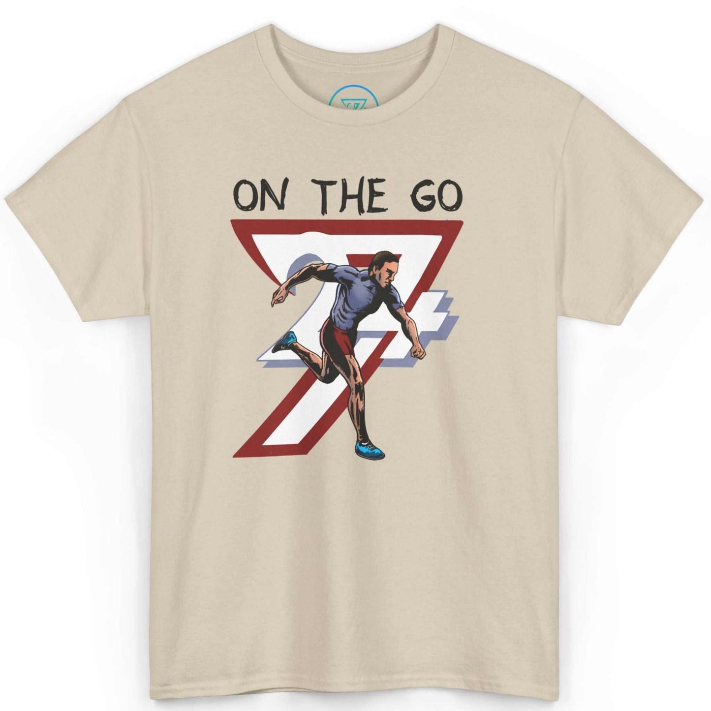 Front view of a sand-colored daily grind apparel shirt highlighting the hand-drawn runner art, laid flat on a clean background.