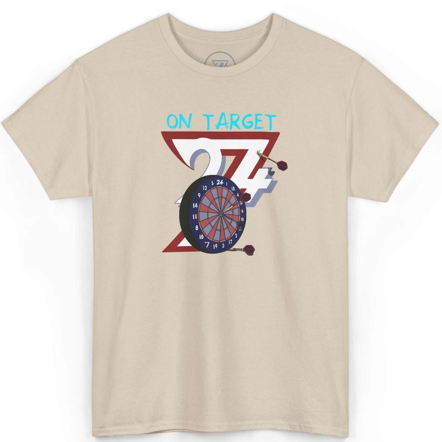 Front view of a sand-colored darts fan gift tee featuring the 24/7 darts illustration, laid flat on a clean background.