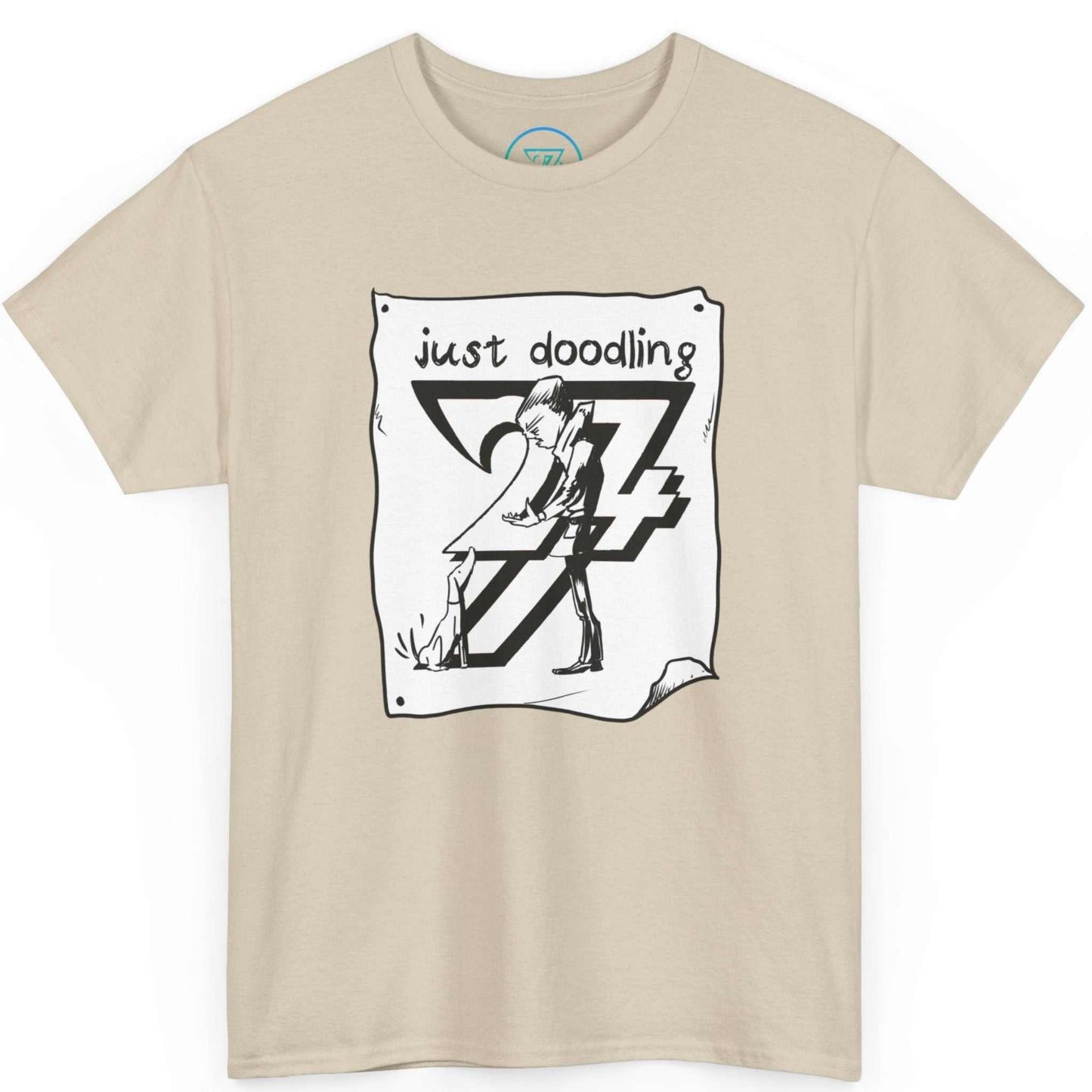 Sand beige dog and owner cartoon shirt displaying the casual doodle art, shown on a clean background.