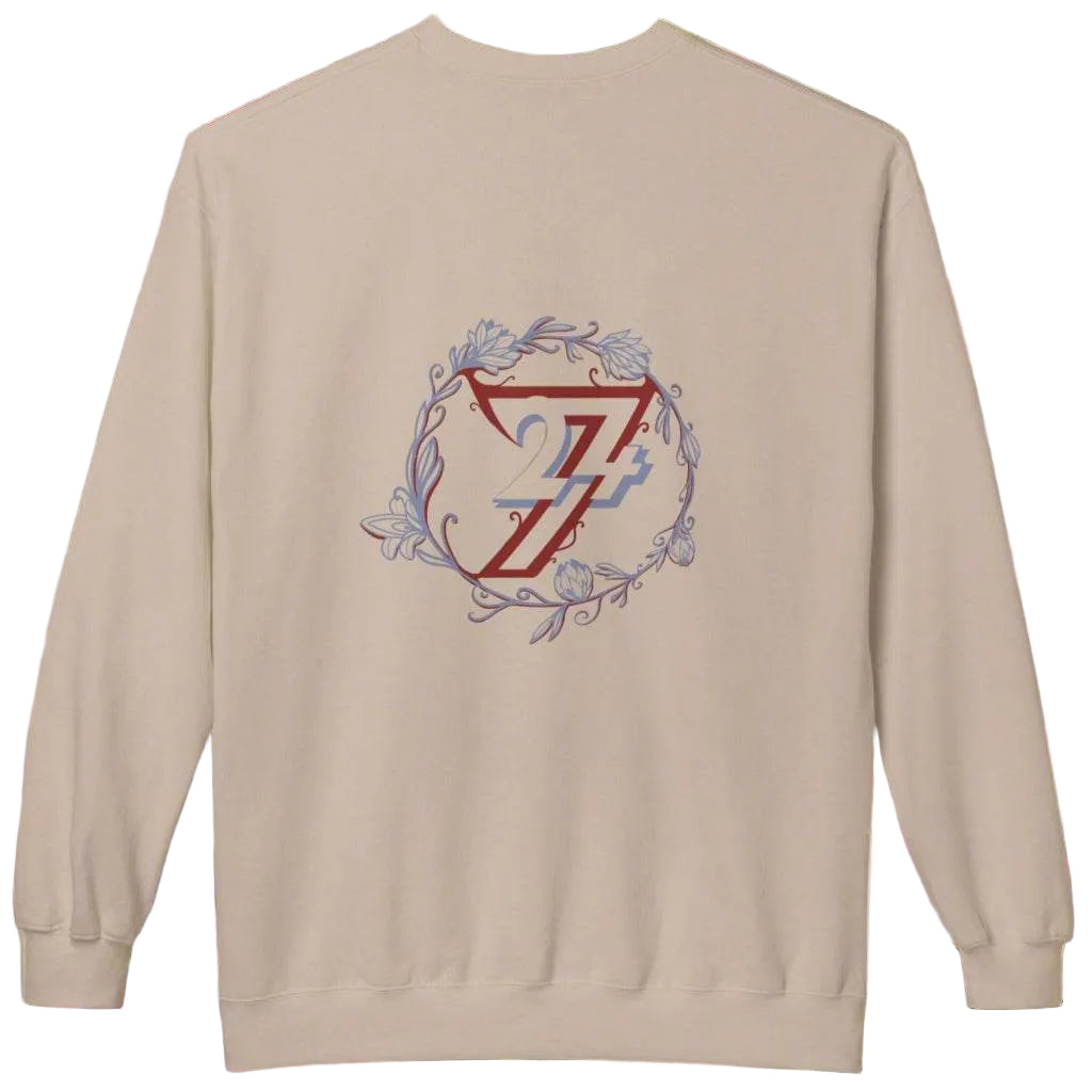 Back view of a sand colored dropped-shoulder pullover featuring a large custom floral print.