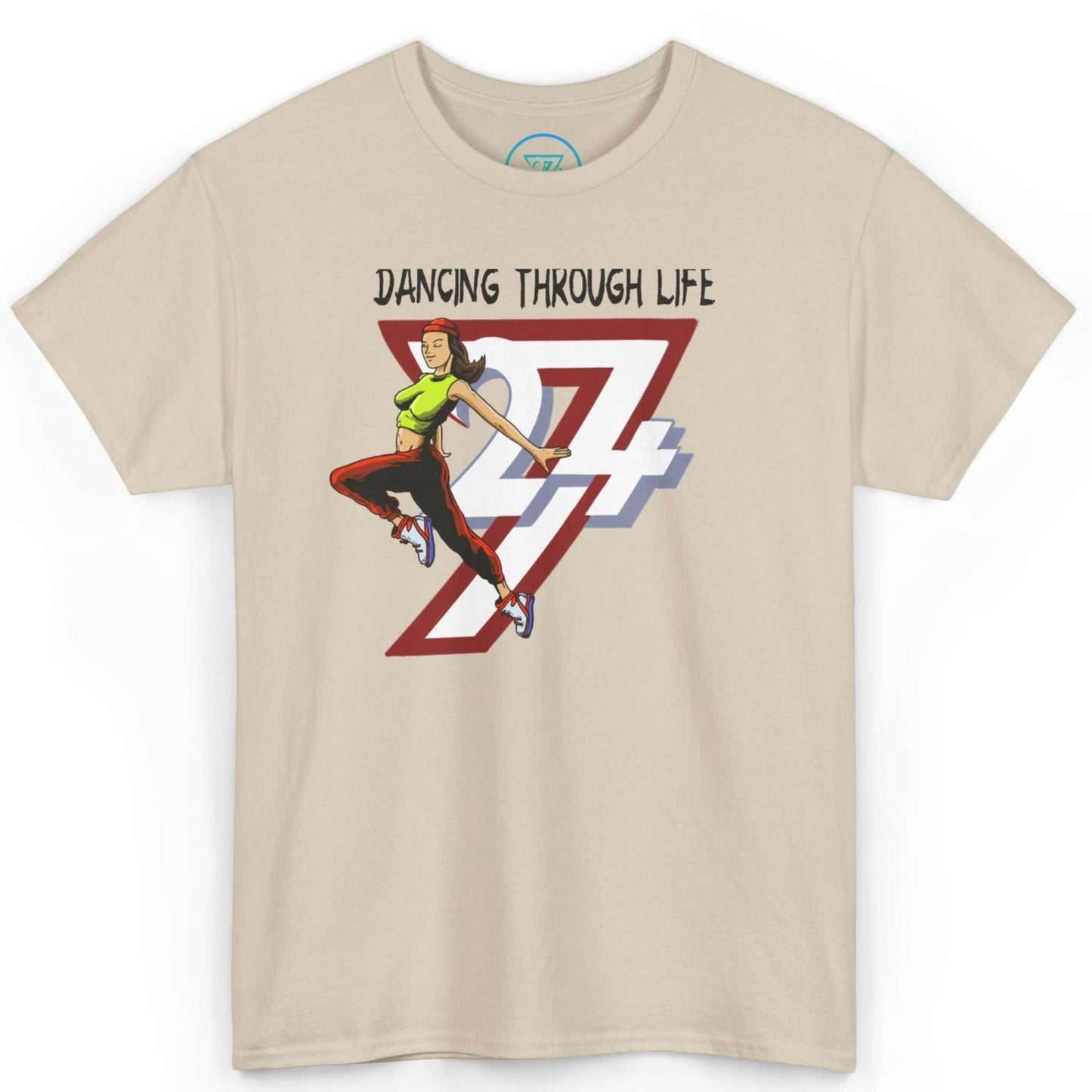 Front view of a sand-colored hip-hop dancing girl graphic tee featuring the hand-drawn Dancing Through Life art, displayed on a clean background.