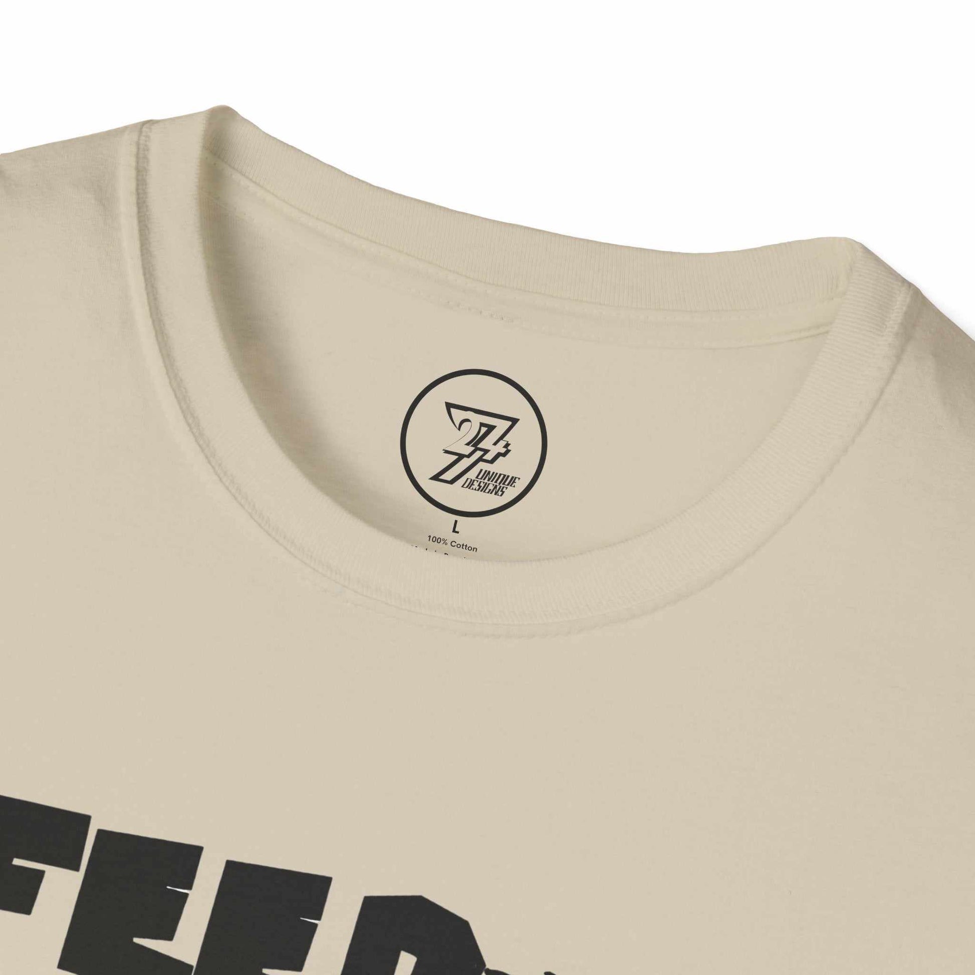 Close-up of the shape-retaining ribbed knit neckline on the sand horror parody Father's Day shirt, 24/7 logo