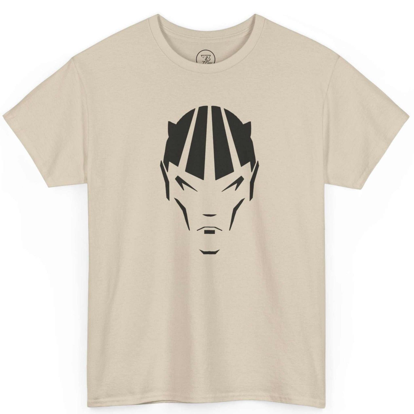 Solid sand colored indie comic creator merch displaying the dark character mask design.