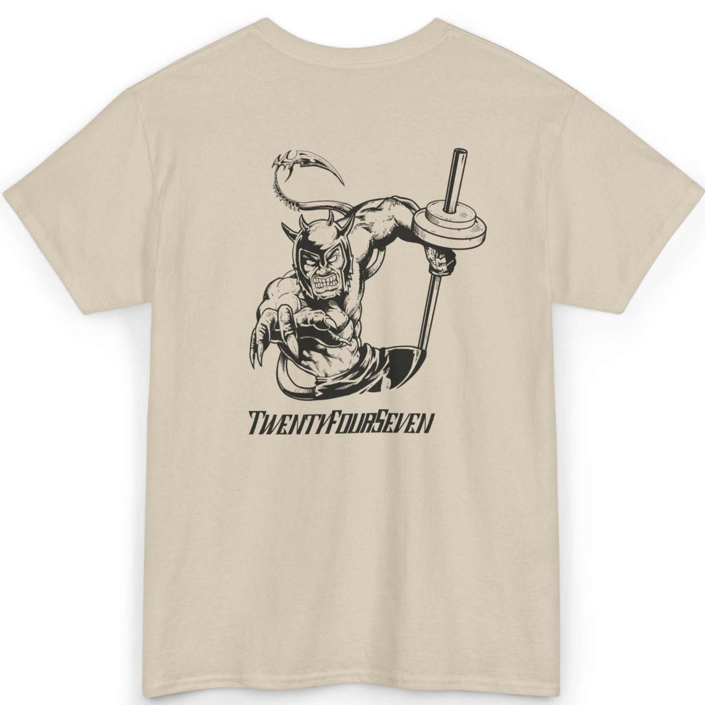 Back view of a sand beige indie graphic novel shirt featuring the black-ink Dablo gym art, laid flat.