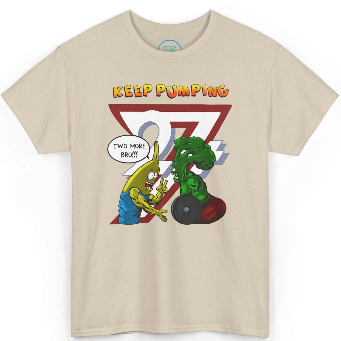 Front view of a sand beige matching workout shirt highlighting the goofy food cartoon illustration.