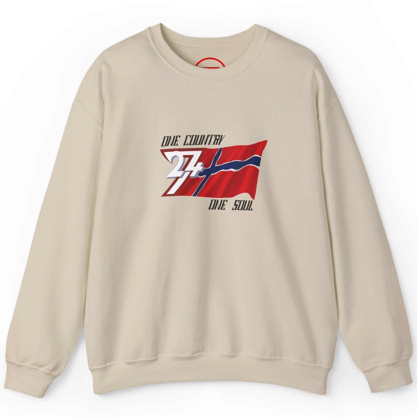Sand beige Norwegian flag pullover showcasing the traditional red, white, and blue flag design, laid flat.