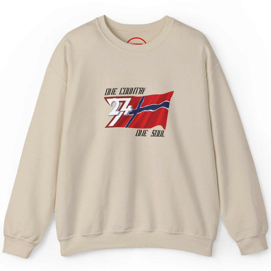 Sand beige Norwegian flag pullover showcasing the traditional red, white, and blue flag design, laid flat.