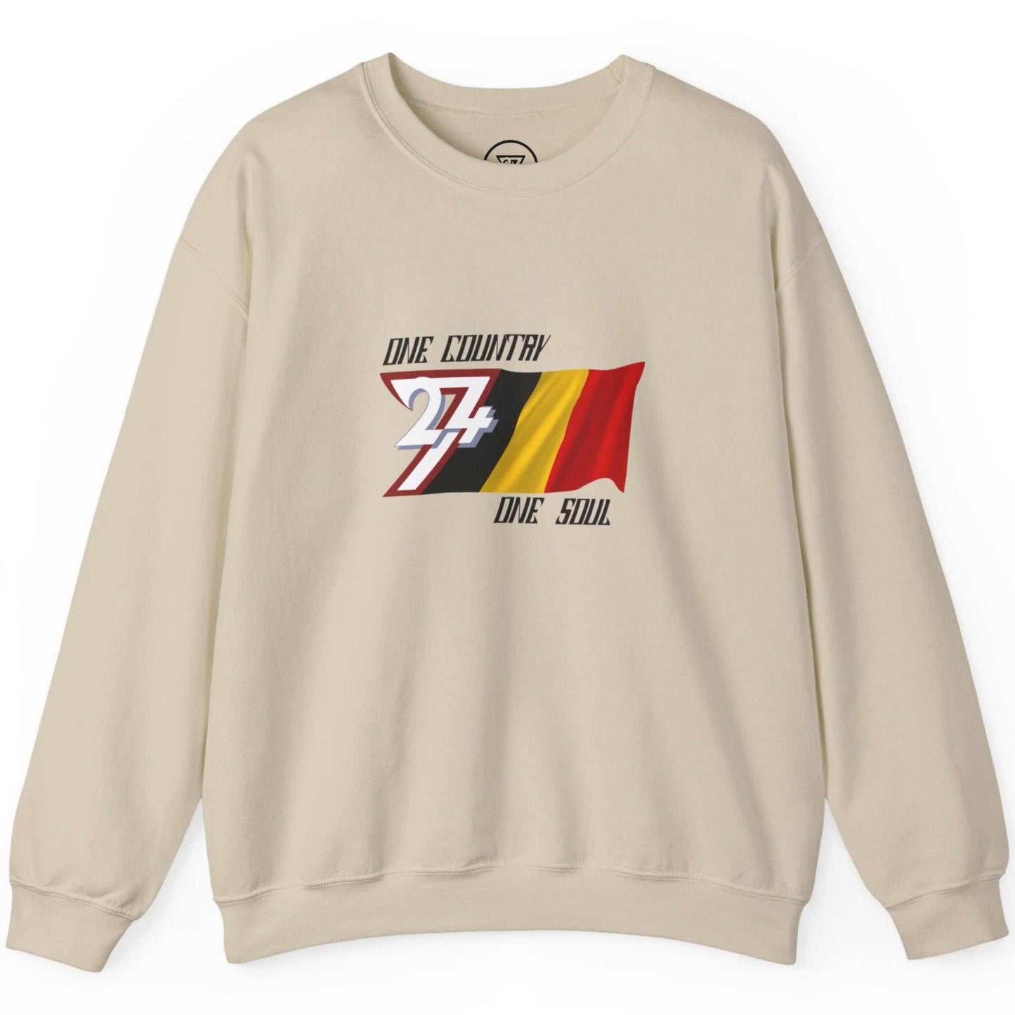 Flat lay of the sand colored patriotic winter wear top highlighting the zero AI design.
