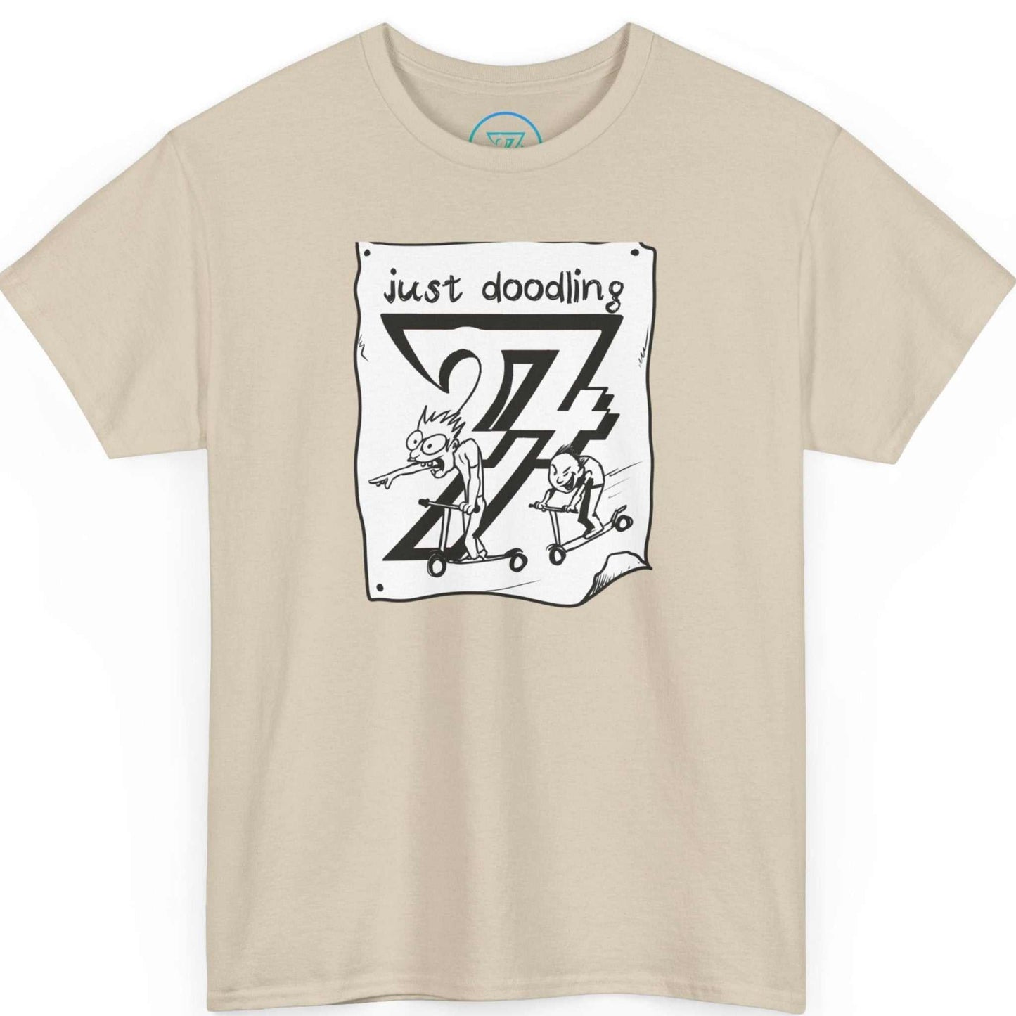 Sand beige retro sketch streetwear tee displaying the casual doodle art, shown on a clean background.