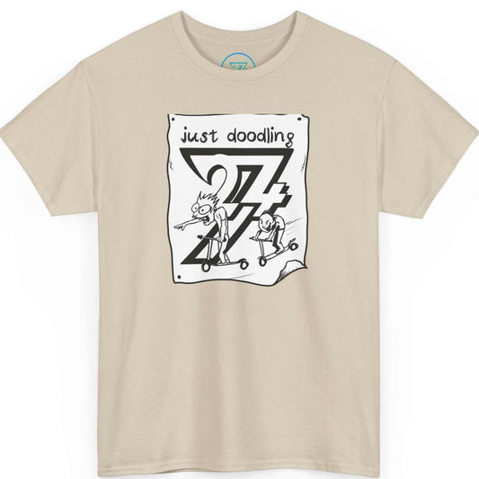 Sand beige retro sketch streetwear tee displaying the casual doodle art, shown on a clean background.
